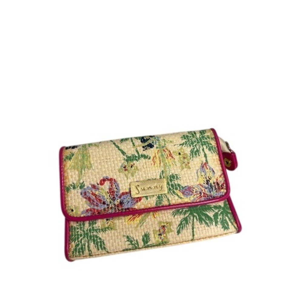 Vintage Y2K Sunny Hawaii Straw Clutch Purse Hibiscus Print Tropical Palm Trees